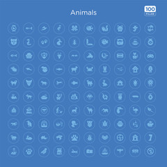 100 blue round animals vector icons set such as leg, dog house, hunt, animal, insect, paw, smilodon, coelodonta.