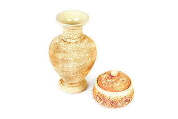 Ceramic vase for flowers and small vase for sweets isolated on white background.