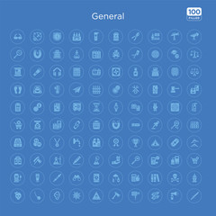 100 blue round general vector icons set such as arabic lantern, the death, book!, count calories, wellness tourism, safe deposit, binocoulars, pencin and eraser.