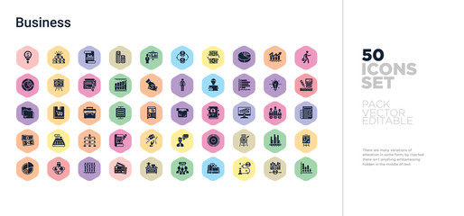 50 business vector icons set in a colorful hexagon buttons
