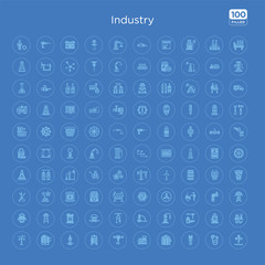 100 blue round industry vector icons set such as geothermal, fuel filling, machinery, robotic arm,, hydro power generation, sheave, coal wagon, nuclear residue.