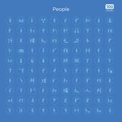 100 blue round people vector icons set such as hide and seek, shot put, sitting man reading, woman looking by a spyglass, sitting man drinking a soda, gymnast girl, man walking and smoking, old lady