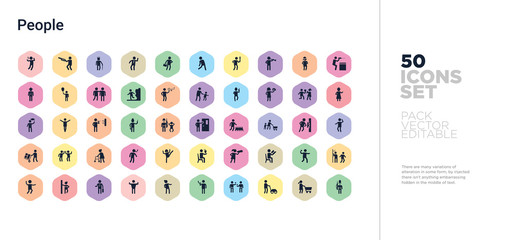 50 people vector icons set in a colorful hexagon buttons