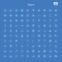 100 blue round signs vector icons set such as hand, upstairs, site seeing place, shock, hunting zone, car rental, keep right, escalator going down.