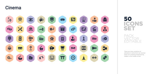 50 cinema vector icons set in a colorful hexagon buttons