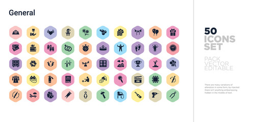 50 general vector icons set in a colorful hexagon buttons