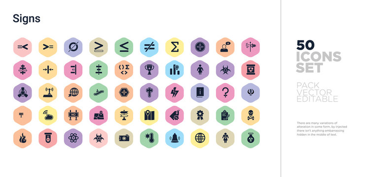 50 signs vector icons set in a colorful hexagon buttons