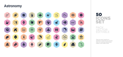 50 astronomy vector icons set in a colorful hexagon buttons - obrazy, fototapety, plakaty