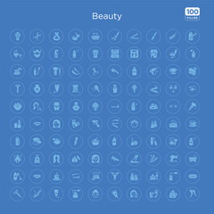 100 blue round beauty vector icons set such as big razor blade, manicure, massage, spa, fitness, eye shadow, eyebrow, candle.
