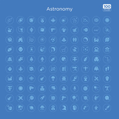 100 blue round astronomy vector icons set such as uranus with satellite, astronaut and flag, mars with satellite, neptune with satellite, gun blaster, black hole, launching shuttle, jupiter