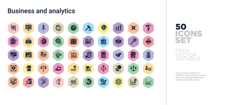 50 business and analytics vector icons set in a colorful hexagon buttons