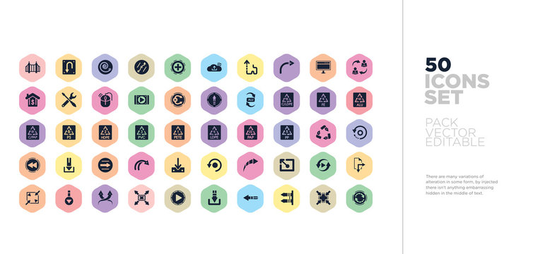 50 ui vector icons set in a colorful hexagon buttons