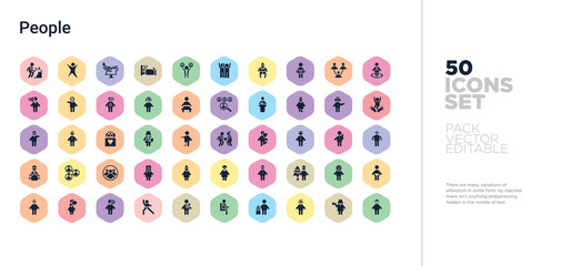 50 people vector icons set in a colorful hexagon buttons