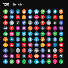 100 round colorful religion vector icons set such as lamb, god, shinto, pope, crown of thorns, holy scriptures, bead, commandments