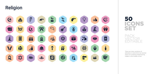 50 religion vector icons set in a colorful hexagon buttons