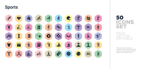 50 sports vector icons set in a colorful hexagon buttons