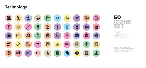 50 technology vector icons set in a colorful hexagon buttons - obrazy, fototapety, plakaty