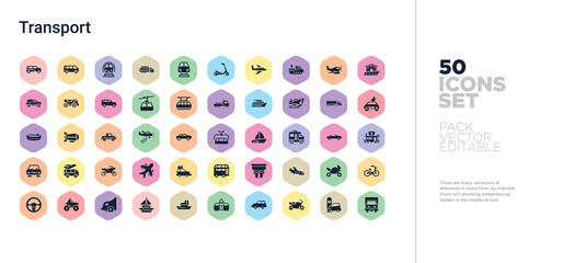 50 transport vector icons set in a colorful hexagon buttons