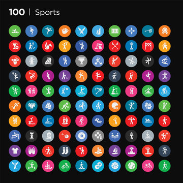 100 round colorful sports vector icons set such as man lifting weight, marathon champion, number one athlete, podium with cup, man windsurfing, boxer with belt, man award, long socks