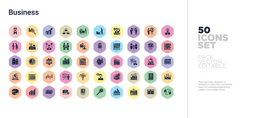 50 business vector icons set in a colorful hexagon buttons