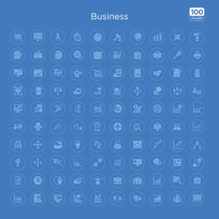 100 blue round business vector icons set such as bars graphic on screen, binary data search, business analytics graphics, business card, plan, skills, businessman analysis, chart pie.