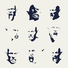 Fantasy head of orc with open mouth. Silhouettes with negative emotions
