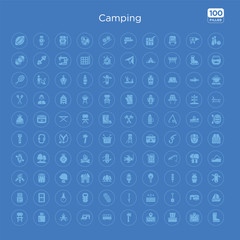 100 blue round camping vector icons set such as boat, camper, shovel, water, torch, rope, sleeping bag, flask.
