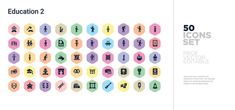 50 education 2 vector icons set in a colorful hexagon buttons