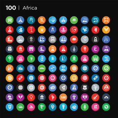 100 round colorful africa vector icons set such as zebra, cradle of humankind, banjo, conga, ankh, apartheid museum, warrior, hut