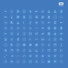 100 blue round ui vector icons set such as bottom arrows, top arrow, top arrows, slim right, slim left, slim up, rotate left, opposition.