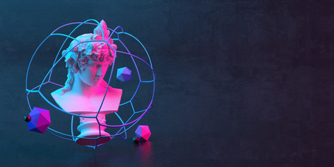3d-illustration of an abstract composition of sculpture and primitive objects on dark background