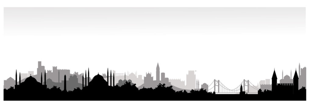 Monochrome panorama of istanbul flat style vector illustration. Istanbul architecture. Cartoon Turkey symbols and objects.