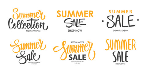 Summer Sale promotional set. Summertime seasonal special offer text templates with hand lettering for business, seasonal shopping, promotion and advertising. Vector illustration.