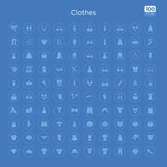 100 blue round clothes vector icons set such as briefs, stockings, tanktop, pyjamas, tracksuit, nightwear, kurta, knickers.