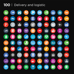 100 round colorful delivery and logistic vector icons set such as warehouse, localize, pin, side up, delivery, delivery man, forklift, scale