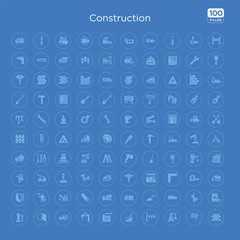 100 blue round construction vector icons set such as cement, screwdriver and doble wrench, truck with freight, construction palette, fuel truck, cement truck, wood saw, derrick with ball.