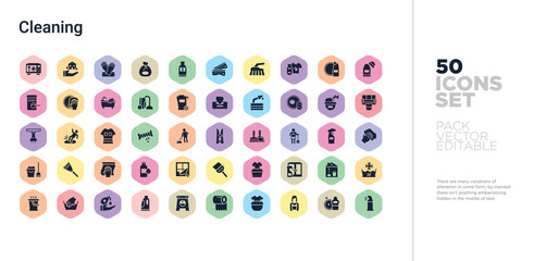 50 cleaning vector icons set in a colorful hexagon buttons