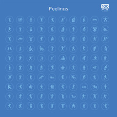 100 blue round feelings vector icons set such as terrible human, awesome human, awful human, bad beautiful better blah blessed