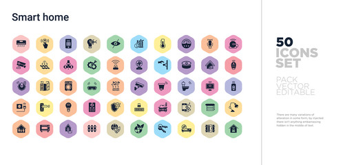 50 smart home vector icons set in a colorful hexagon buttons