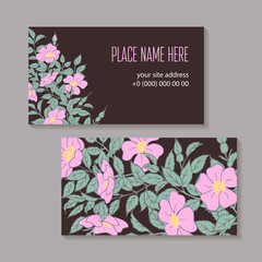 Floral abstract template business card hand-drawn on a dark background. Flowers, buds and leaves of a wild rose on a branch isolated. Vector illustration