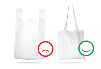 T-shirt plastic bag package and textile tote bag for shopping mockup. Vector illustration isolated on white background. Ready for your design, promo and etc. EPS10.