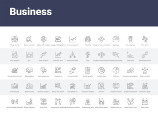 50 business set icons such as men couple, worker money time, sleepy worker at work, men shaking hands, businessman with an idea, businessman showing a project sketch, businessmen business
