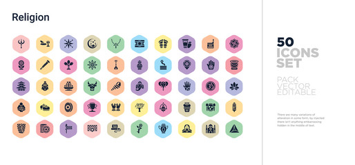 50 religion vector icons set in a colorful hexagon buttons