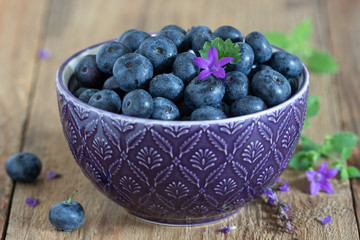 frische Heidelbeeren in lila Schüssel
