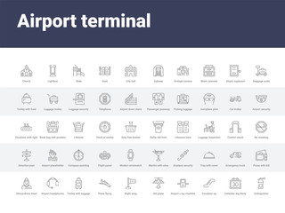 50 airport terminal set icons such as extinguisher, calendar day thirty, escalator up, airport x ray machine, old plane, right wing, plane flying, trolley with luggage, airport headphones. simple