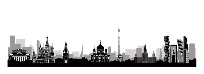 Naklejka premium Panorama of Moscow vector illustration. Moscow architecture. Cartoon Russia symbols and objects. Panorama postcard and travel poster of world famous landmarks of Moscow, Russia in flat style.