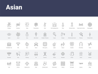 50 asian set icons such as ninja, katana, torii gate, tatami, underwater, smoke bomb, dojo, bamboo hat, scrolls. simple modern vector icons can be use for web mobile
