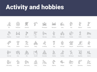 50 activity and hobbies set icons such as petanque, questioning, quilt, relaxing, repairing, resting, skiing, wood carving, yoyo. simple modern vector icons can be use for web mobile