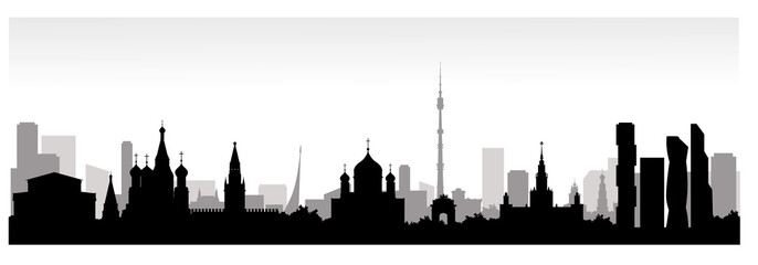 Panorama of Moscow vector illustration. Moscow architecture. Cartoon Russia symbols and objects. Panorama postcard and travel poster of world famous landmarks of Moscow, Russia in flat style.