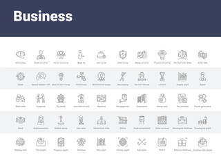 50 business set icons such as envelope with money inside, business briefcase, post it, golf sticks, circular target, bars chart, structure, progress report, tool button. simple modern vector icons